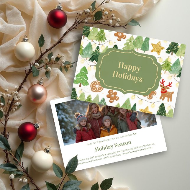 Whimsical Charming Watercolor Christmas Desing Holiday Card (Whimsical Charming Watercolor Style Festive Christmas Holidays Cards with Back Photo. )