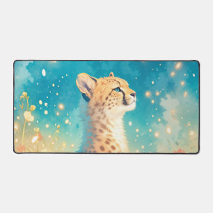 Whimsical Cheetah Cub Blue Eye Celestial Meadow Desk Mat