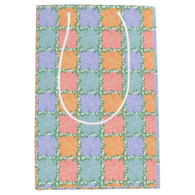 Whimsical Chequered Tile with Leafy Vines Medium Gift Bag (Front)