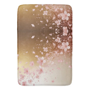 Whimsical Cherry Blossom Blizzard on Golden Bath Mat