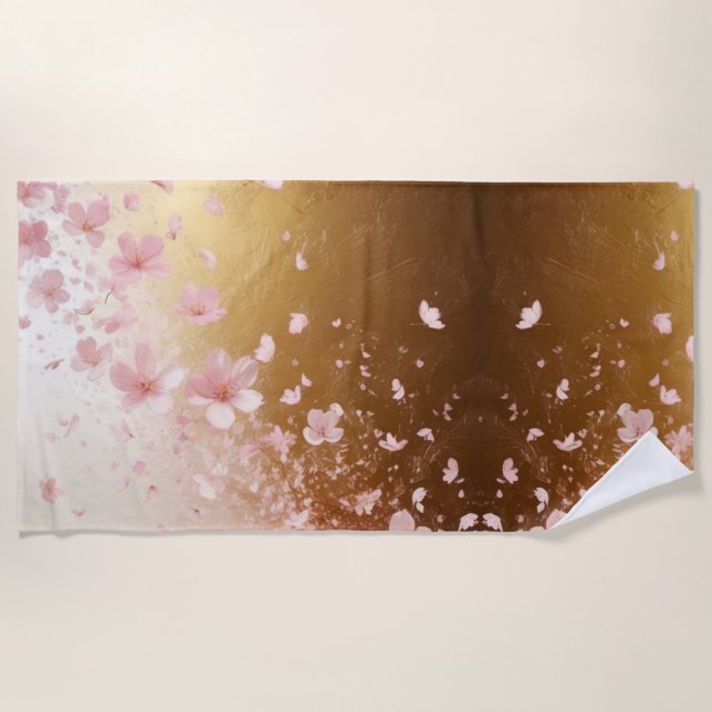 Whimsical Cherry Blossom Blizzard on Golden Beach Towel (Front)