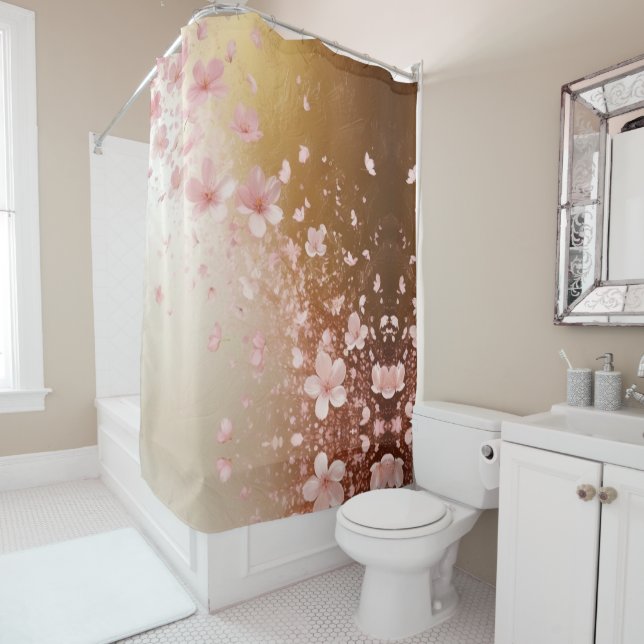 Whimsical Cherry Blossom Blizzard on Golden Shower Curtain (In Situ)