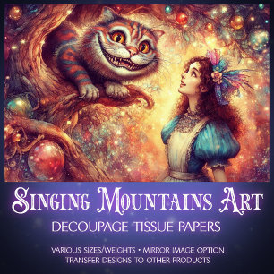 Whimsical Cheshire Cat In Tree And Alice Decoupage Tissue Paper