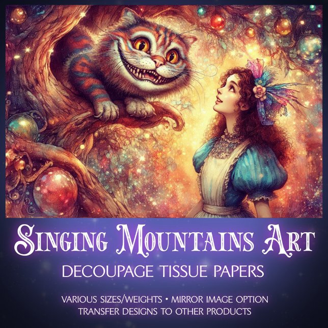 Whimsical Cheshire Cat In Tree And Alice Decoupage Tissue Paper (Creator Uploaded)