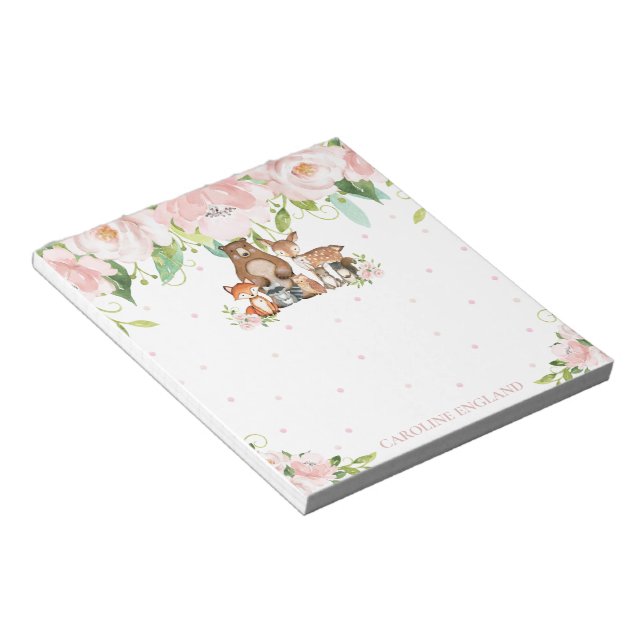 Whimsical Chic Blush Pink Floral Woodland Animals Notepad (Angled)