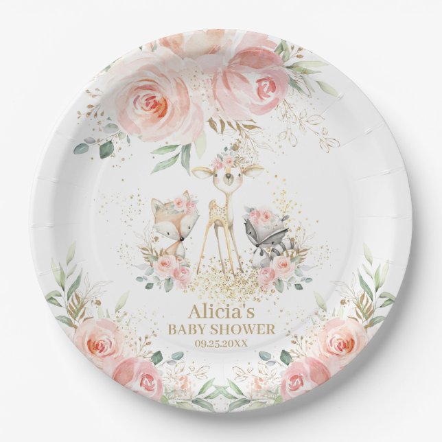 Whimsical Chic Blush Pink Floral Woodland Animals Paper Plate (Front)
