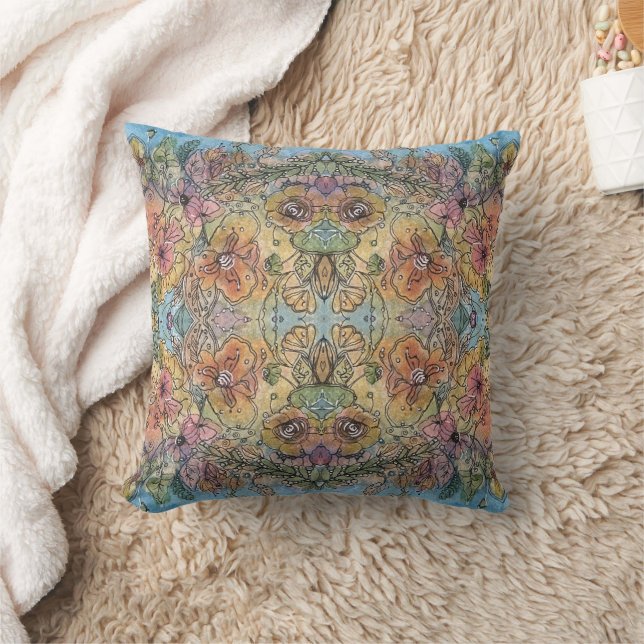 Whimsical Chic Flower Garden Watercolor Painting  Cushion (Blanket)