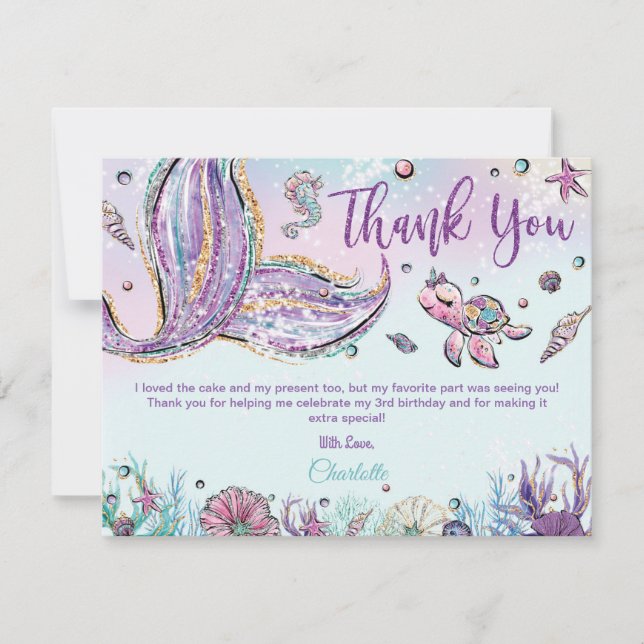 Whimsical Chic Mermaid Tail Baby Shower Birthday Thank You Card (Front)
