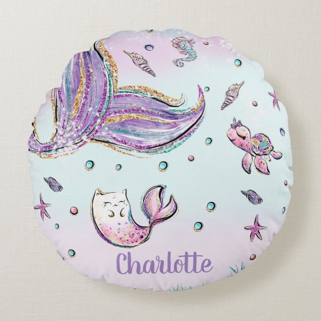 Whimsical Chic Mermaid Tail Under the Sea Girl Round Cushion (Front)