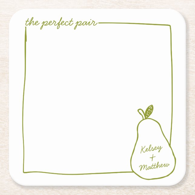 Whimsical & Chic Personalised Funny Pear Wedding  Square Paper Coaster (Front)