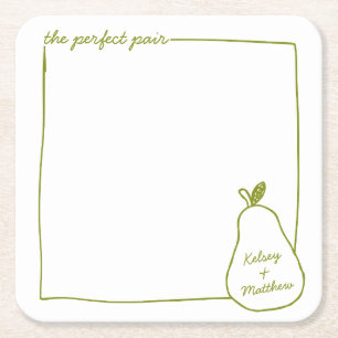 Whimsical & Chic Personalized Funny Pear Wedding Square Paper Coaster