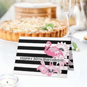 Whimsical Chic Pink Flamingo Striped Birthday Card