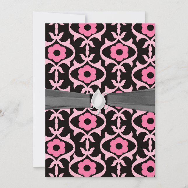 whimsical chic pink flower damask on black invitation (Front)