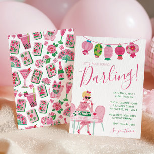 Whimsical Chic Pink & Green Mahjong Party Invitation
