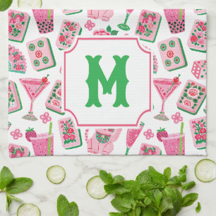 Whimsical Chic Pink & Green Mahjong Party Monogram Tea Towel