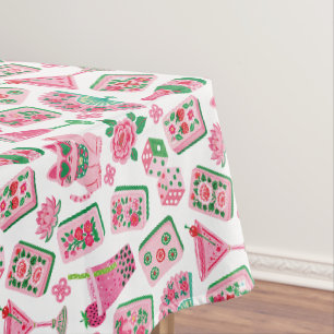 Whimsical Chic Pink & Green Mahjong Party Tablecloth