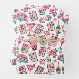 Whimsical Chic Pink & Green Mahjong Party Wrapping Paper Sheet