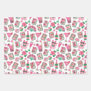 Whimsical Chic Pink & Green Mahjong Party Wrapping Paper Sheet