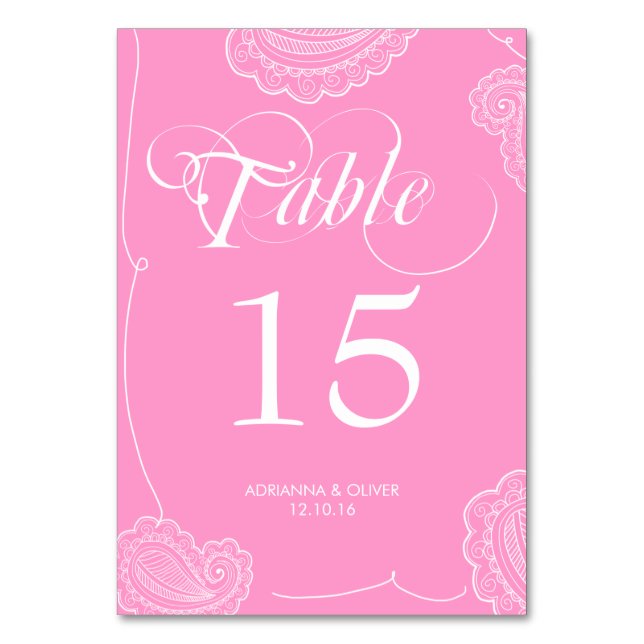 Whimsical Chic Pink Paisley Wedding Table Number (Back)
