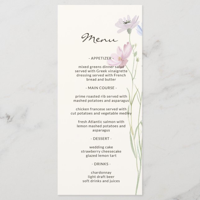 Whimsical Chic Wildflower Beige Wedding Menu (Front)