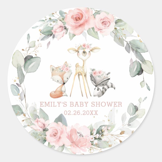 Whimsical Chic Woodland Animals Pink Floral Favour Classic Round Sticker (Front)