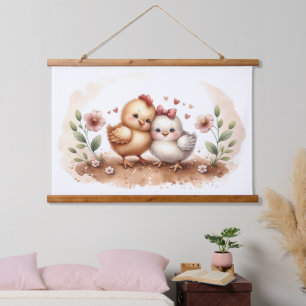 Whimsical Chick Duo Cottagecore Watercolor Hanging Tapestry