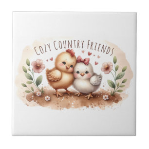 Whimsical Chick Duo Cottagecore Watercolor Tile