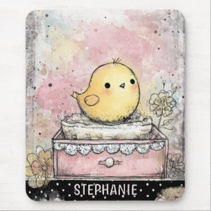 Whimsical Chick Floral Watercolor Art Mouse Mat
