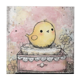 Whimsical Chick Floral Watercolor Art Tile