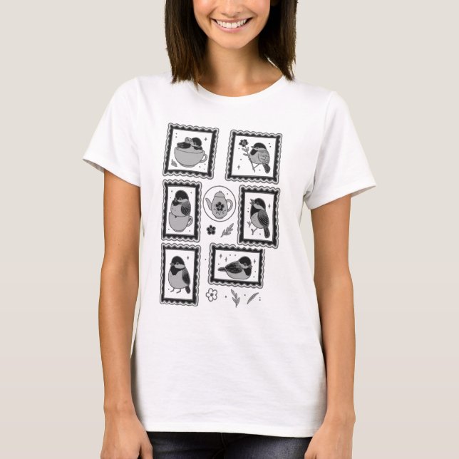 Whimsical Chickadee Postage Stamp Art Women’s Tee (Front)