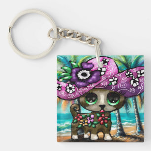 Whimsical Chihuahua Dog on Vacation Palm Trees Key Ring