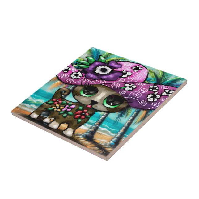 Whimsical Chihuahua Dog on Vacation Palm Trees Tile (Side)