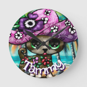 Whimsical Chihuahua Dog Palm Trees Personalised Round Clock