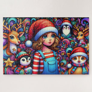 Whimsical Child and Animals Christmas  Jigsaw Puzzle