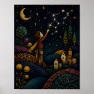 WHIMSICAL CHILD REACHING FOR STARS POSTER