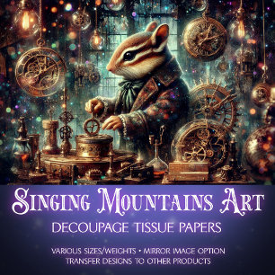 Whimsical Chipmunk Clockwork Steampunk Decoupage Tissue Paper