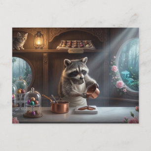Whimsical Chocolate Shop Diorama with Racoon Postcard