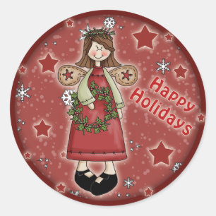 Whimsical Christmas angel and wreath Classic Round Sticker