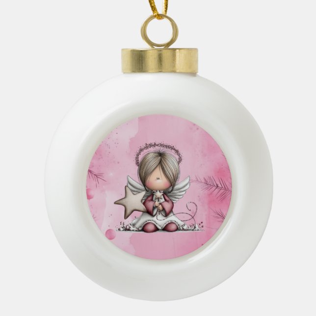 Whimsical Christmas Angel Ceramic Ball Christmas Ornament (Front)