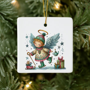 Whimsical Christmas Angel on Ice Skates Ceramic Ornament