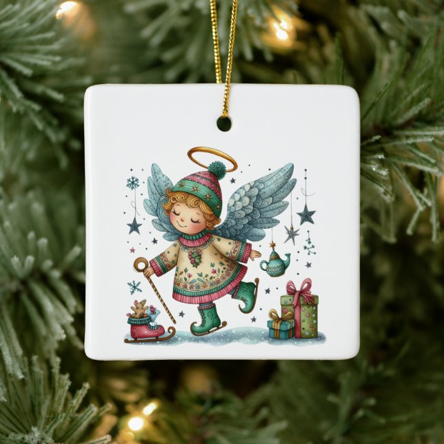 Whimsical Christmas Angel on Ice Skates Ceramic Ornament (Tree)