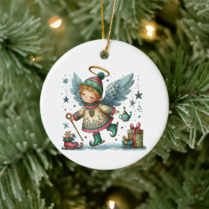 Whimsical Christmas Angel on Ice Skates Ceramic Tree Decoration