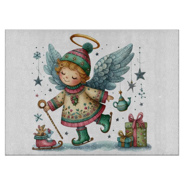 Whimsical Christmas Angel on Ice Skates Cutting Board (Front)