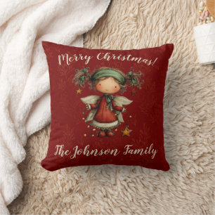 Whimsical Christmas Angel Red Holiday Decor Cushion