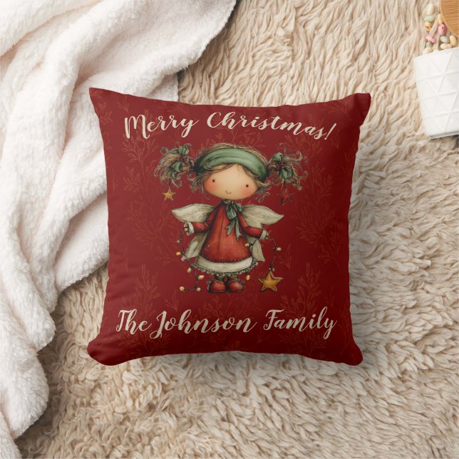 Whimsical Christmas Angel Red Holiday Decor Cushion (Blanket)