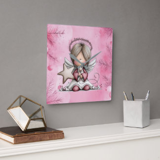 Whimsical Christmas Angel Square Wall Clock