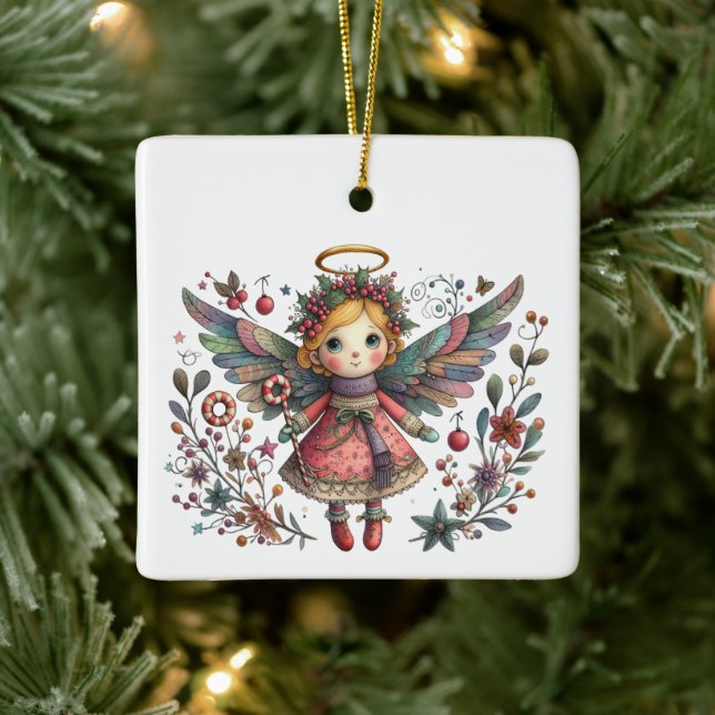 Whimsical Christmas Angel with Multi-colour Wings Ceramic Ornament (Tree)