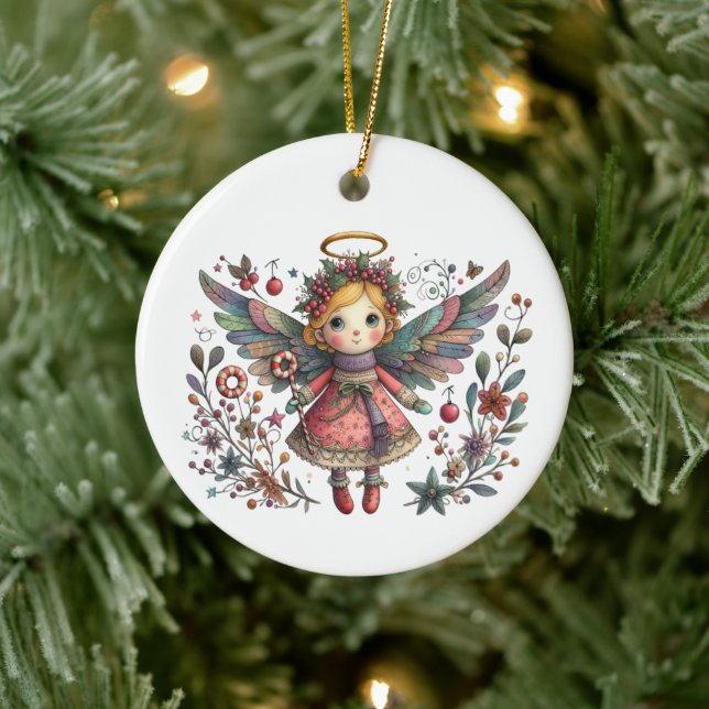  Whimsical Christmas Angel with Multi-colour Wings Ceramic Tree Decoration (Tree)