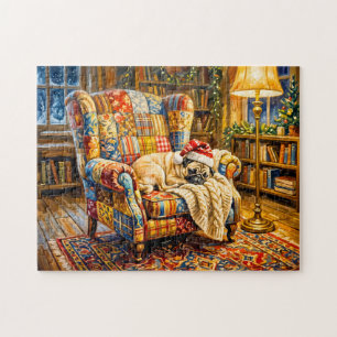 Whimsical Christmas Armchair Sleeping Mops Illustr Jigsaw Puzzle