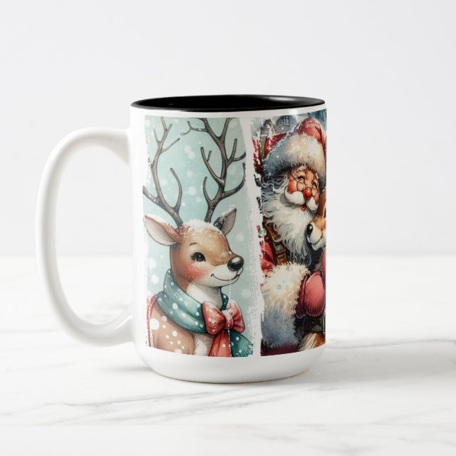 Whimsical Christmas Art – Santa, Reindeer, Tree  Two-Tone Coffee Mug (Left)